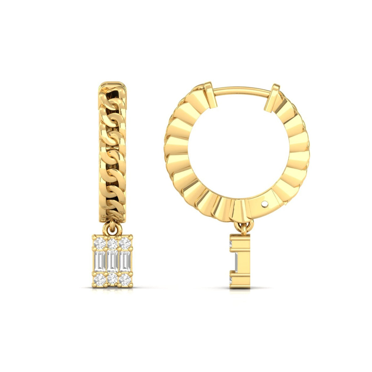 Chain Drop Diamond Hoop Earrings Yellow Gold