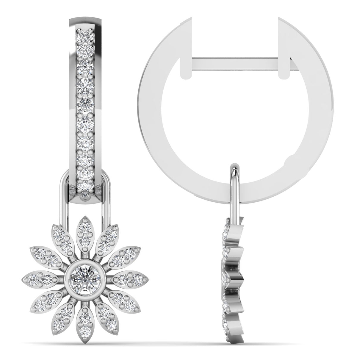 Daisy Diamond Charm Hoop Earrings White Gold