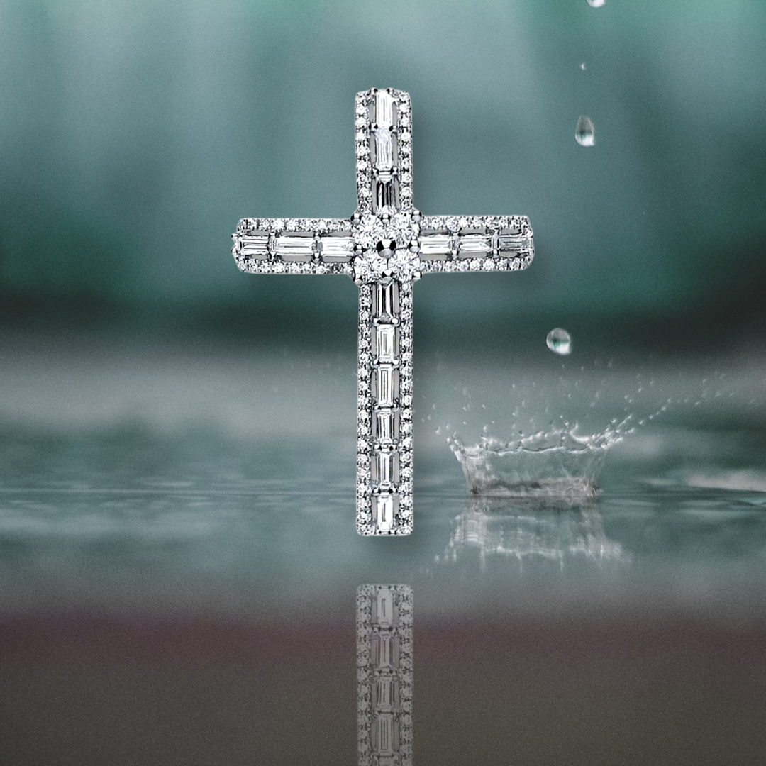 1ct Diamond Pendant Cross 18ct White Gold Baguette & Brilliant Cut