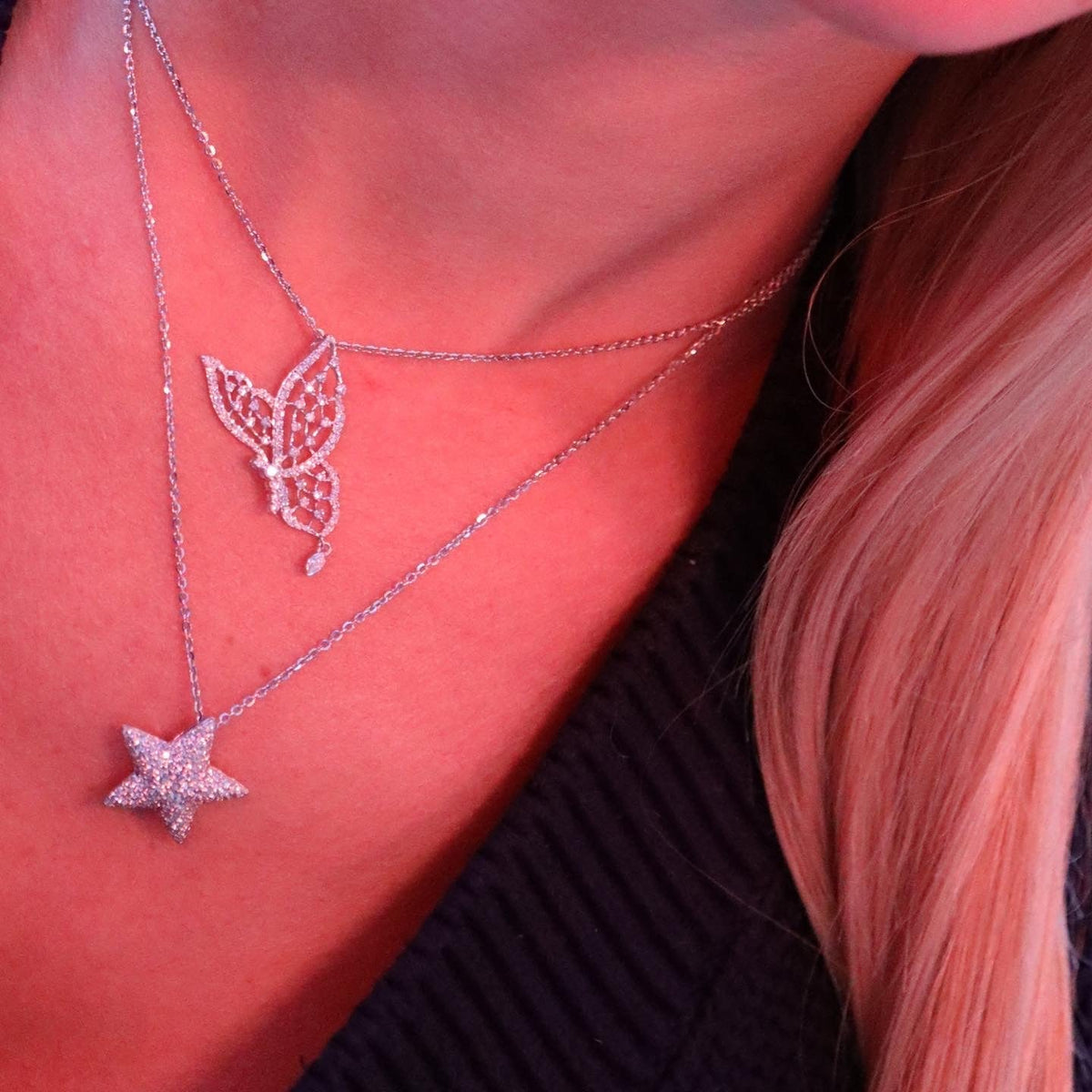 Luxury 18ct butterfly and star charm necklace