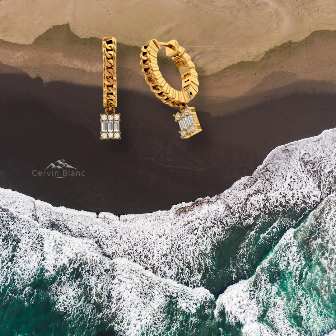 Chain Drop Diamond Hoop Earrings Yellow Gold