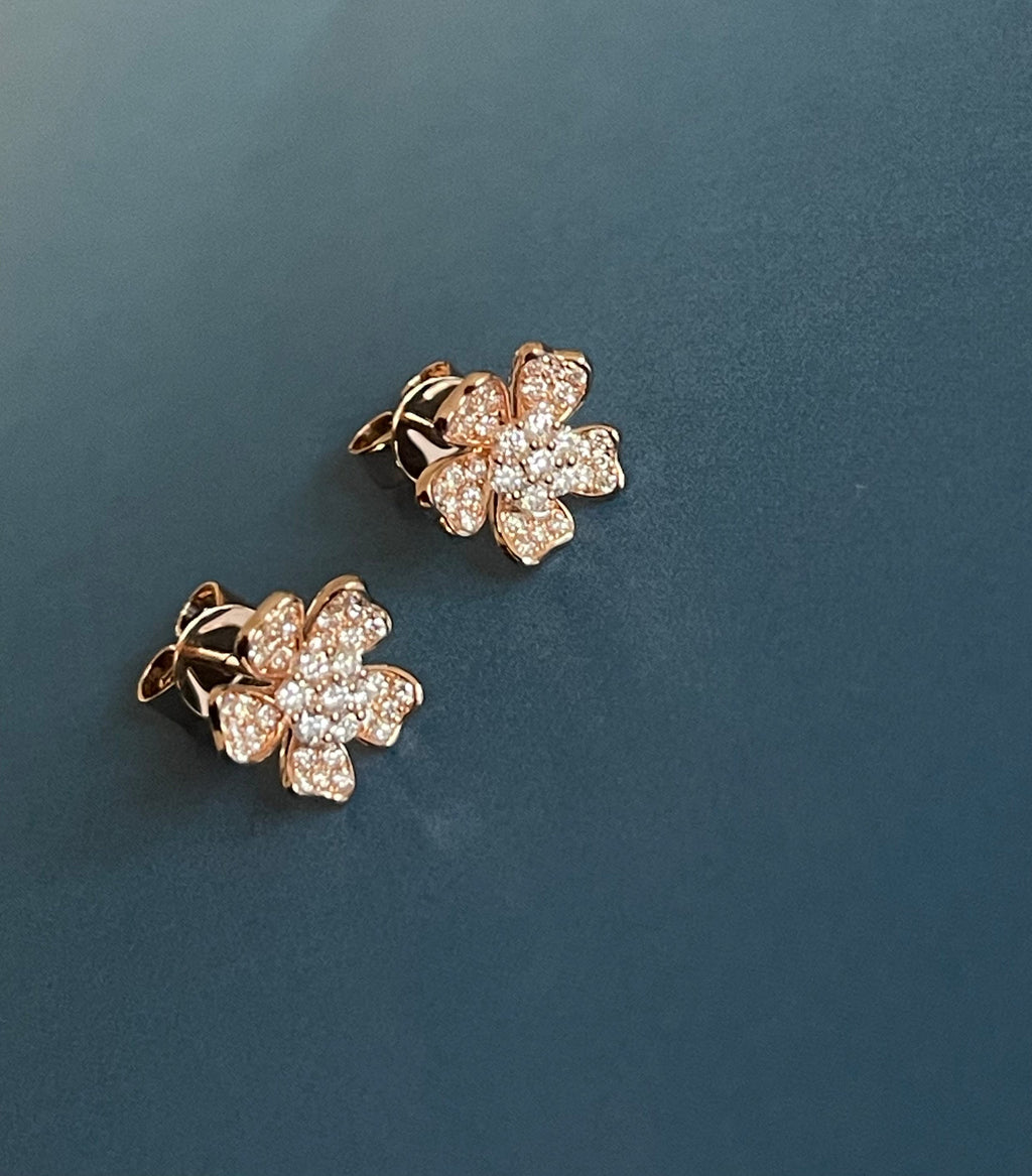 Diamond Earrings Clover Flower Studs in 18ct Rose Gold