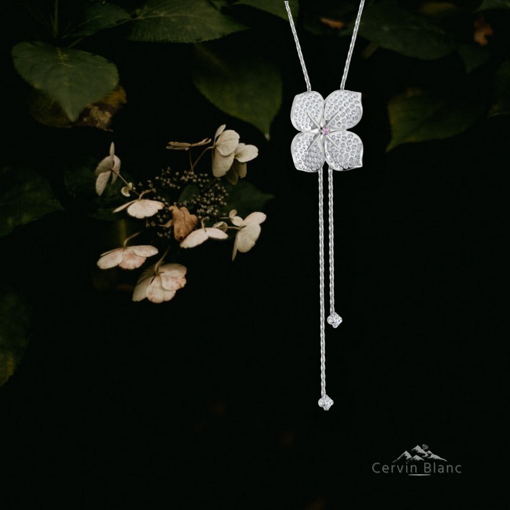  18ct white gold necklace, diamond hydrangea necklace, lariat necklace, 1.80ct diamond necklace, elegant necklace, sophisticated necklace, versatile necklace, diamond necklace, premium quality necklace