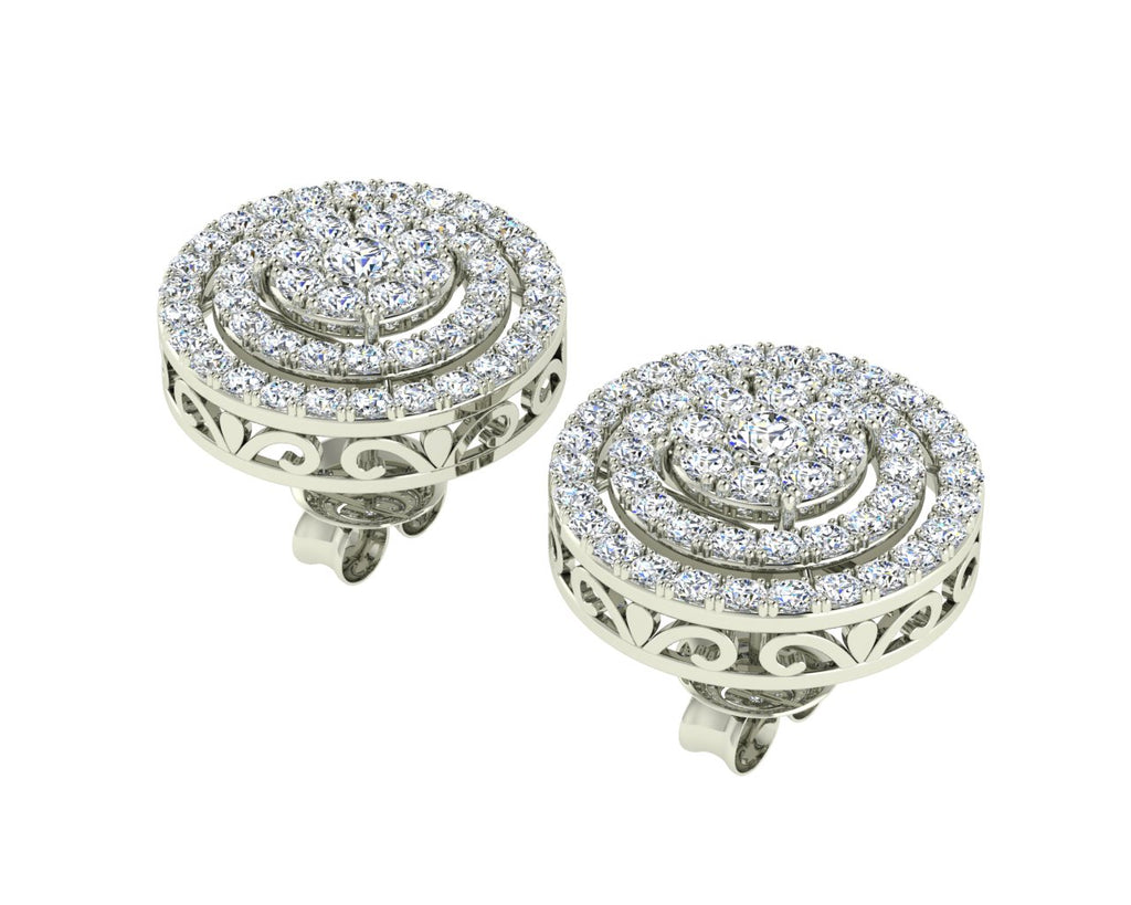 18ct white gold earrings, round halo earrings, diamond earrings, elegant earrings, sophisticated earrings, luxury jewelry, timeless design