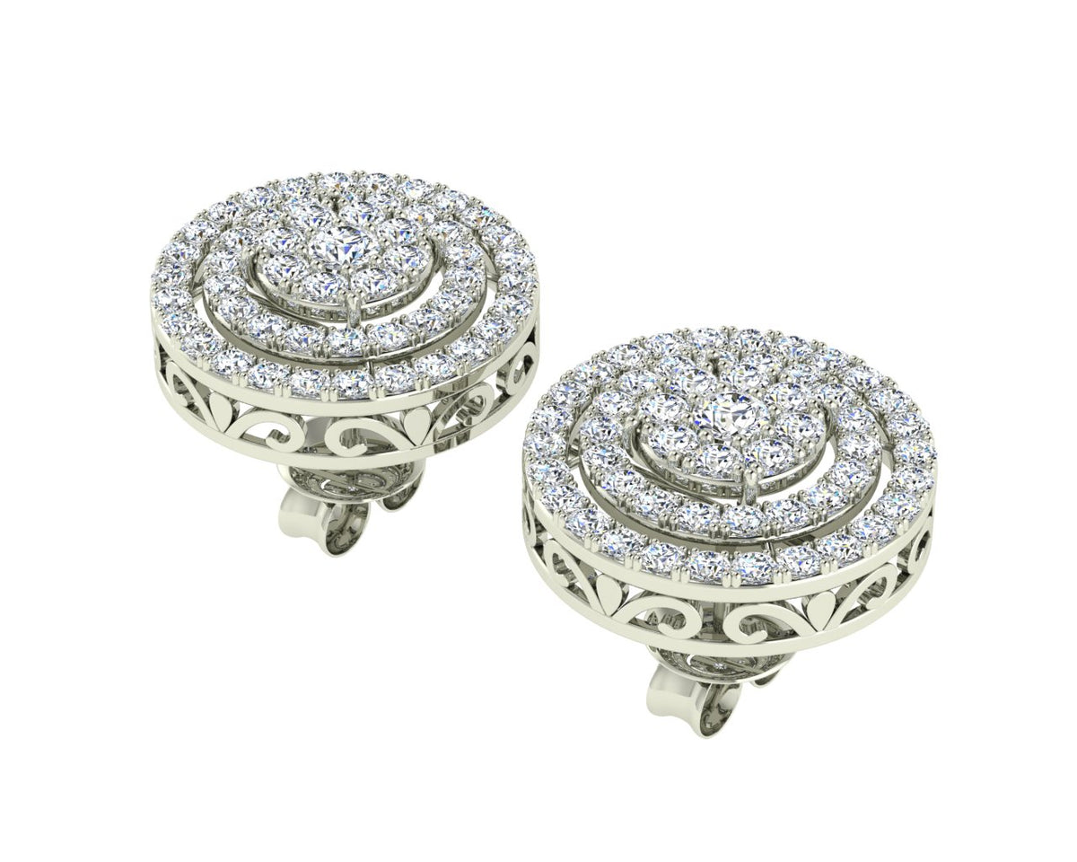 18ct white gold earrings, round halo earrings, diamond earrings, elegant earrings, sophisticated earrings, luxury jewelry, timeless design