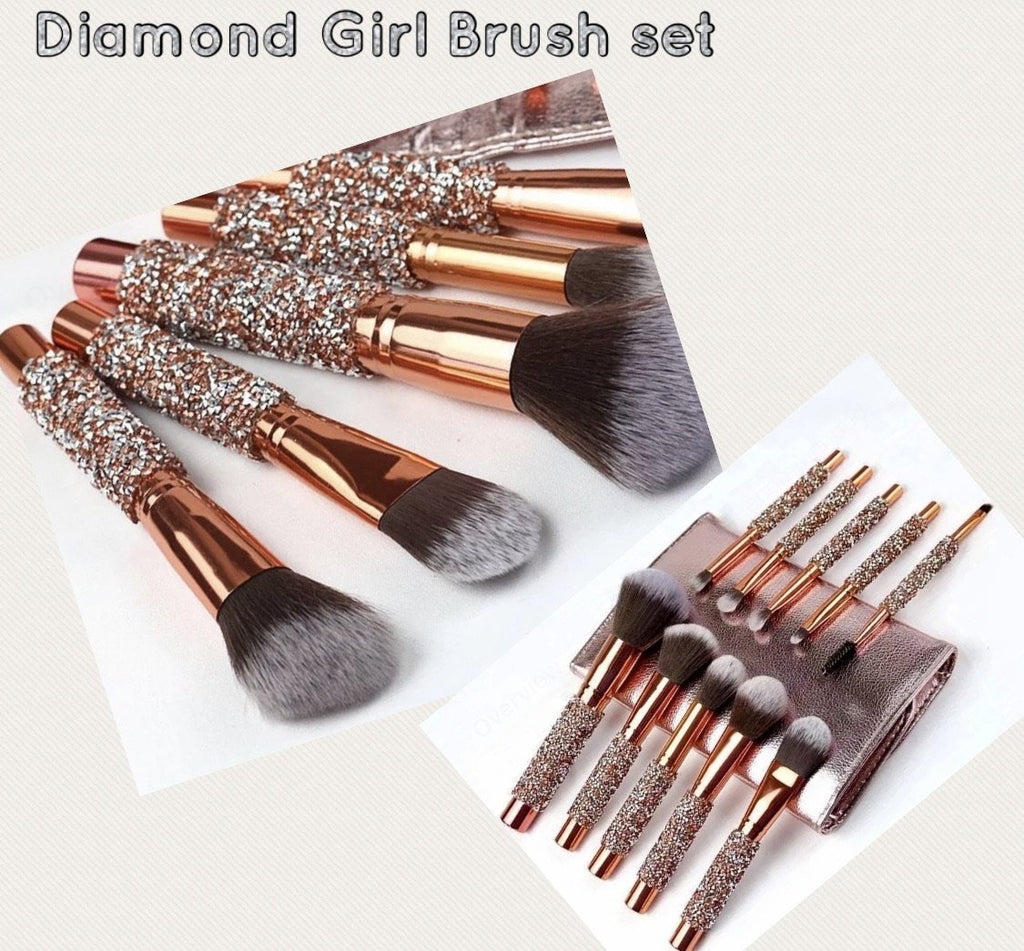 Ensemble de pinceaux de maquillage Diamond Girl incrustés de cristaux avec pochette