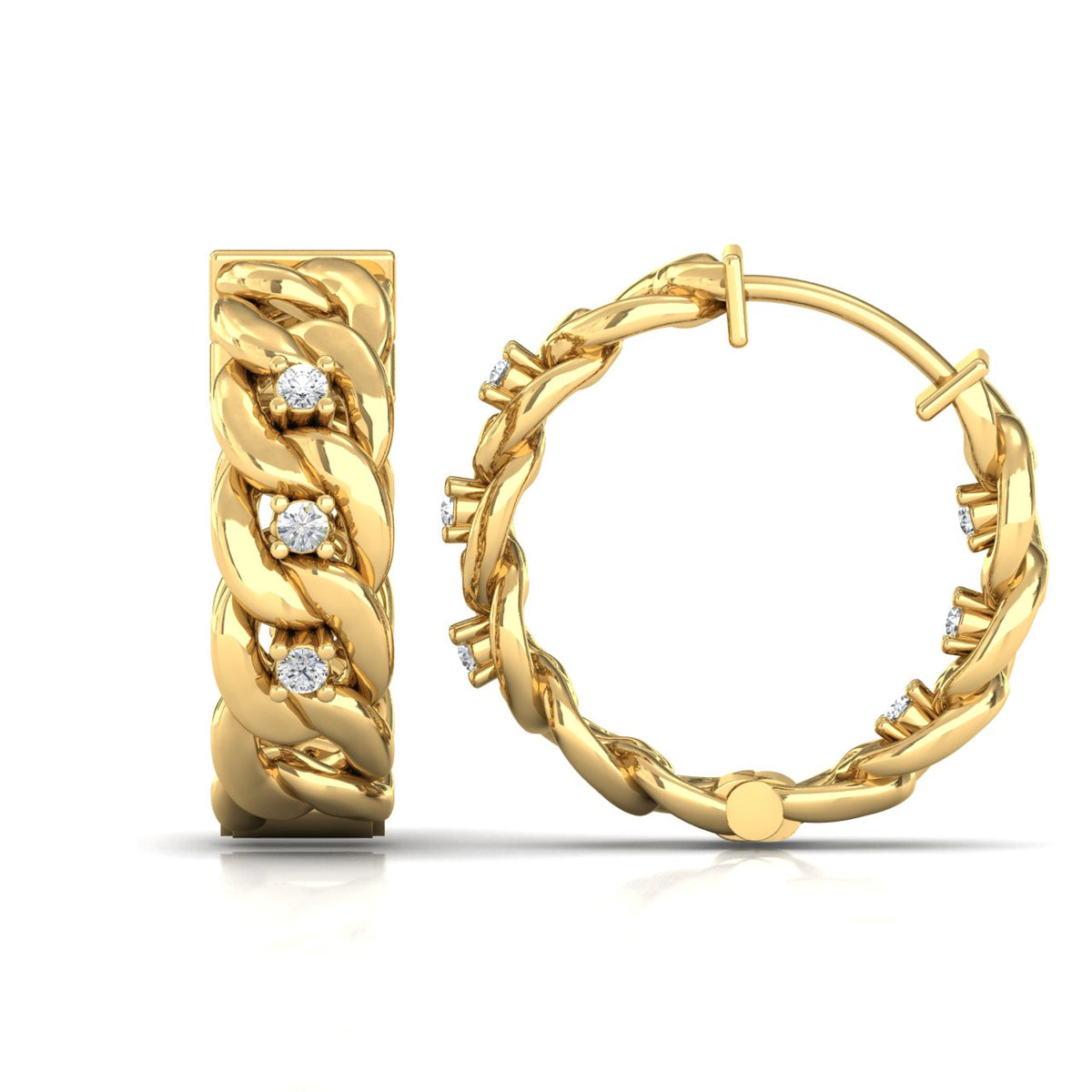 Boucles d'oreilles créoles serties de diamants, or jaune, face et dos