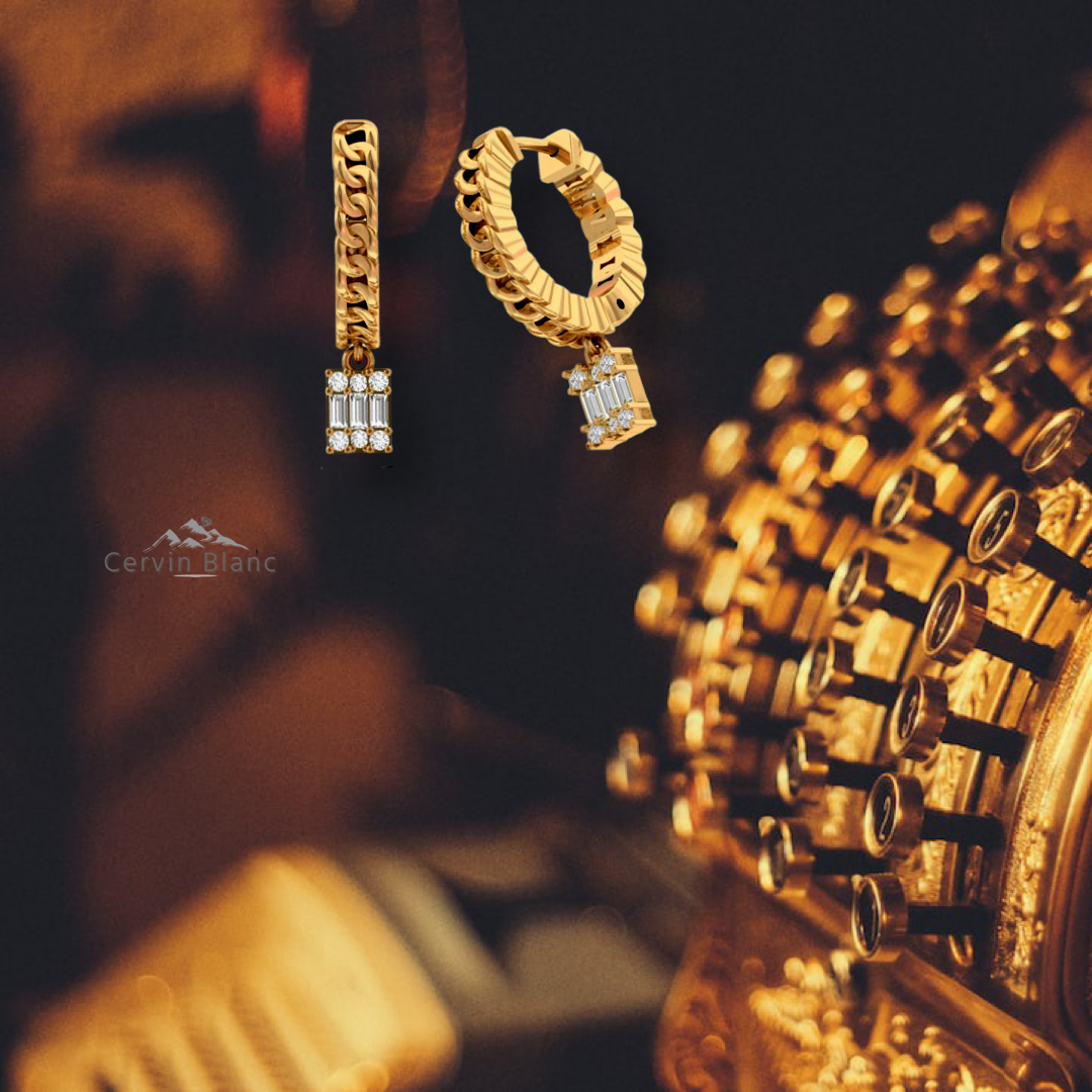 Chain Drop Diamond Hoop Earrings Yellow Gold