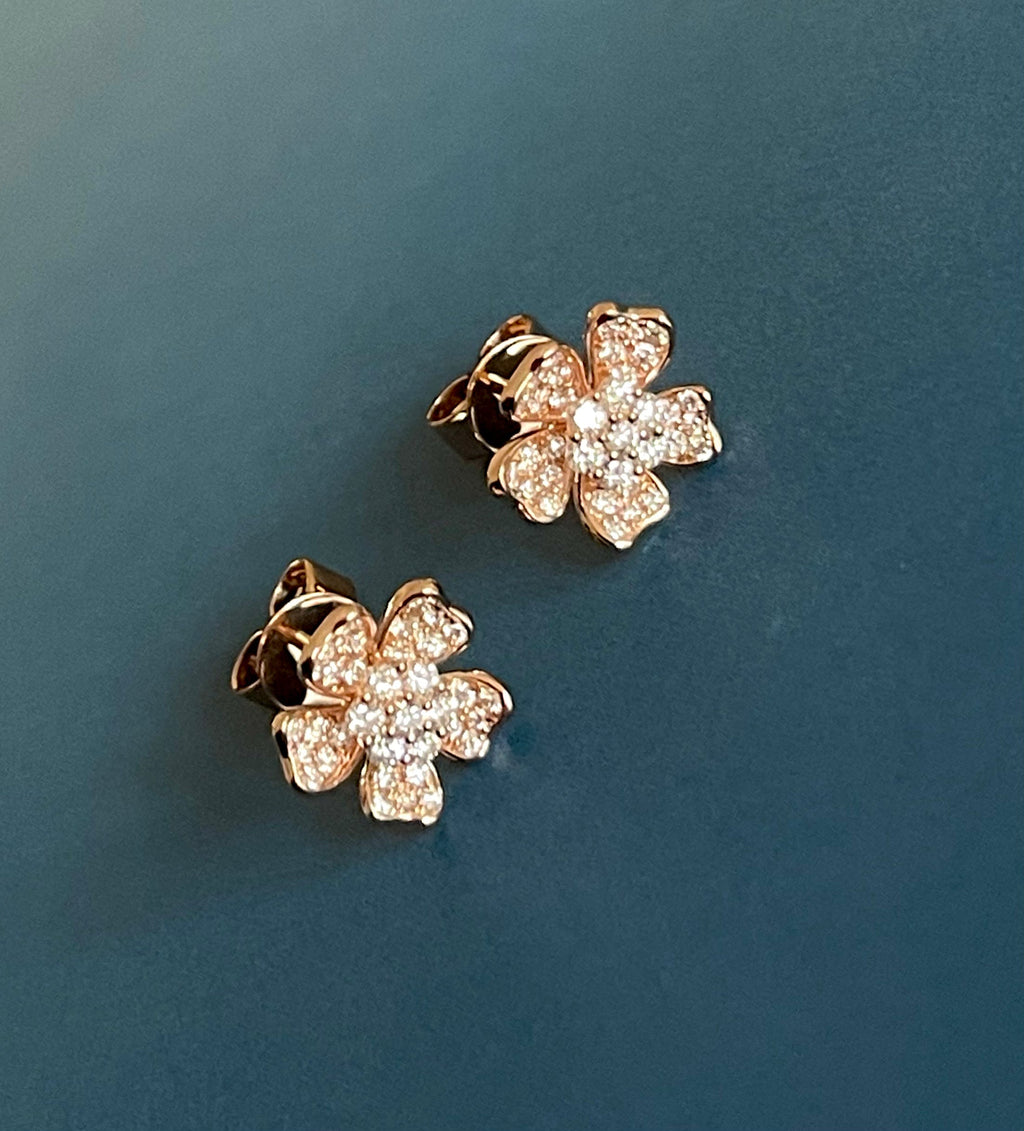 Diamond Earrings Clover Flower Studs in 18ct Rose Gold