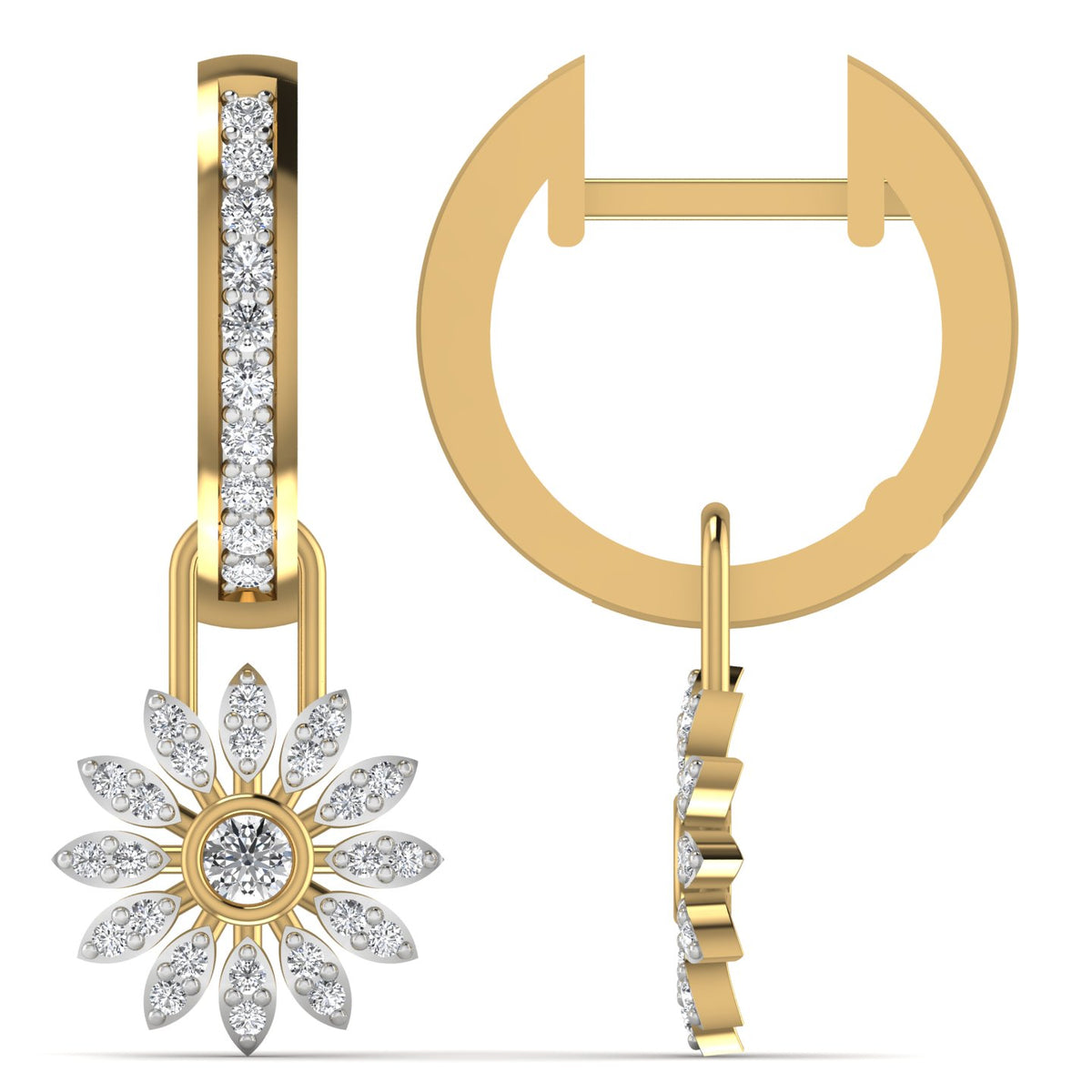 Daisy Diamond Charm Hoop Earrings Yellow Gold