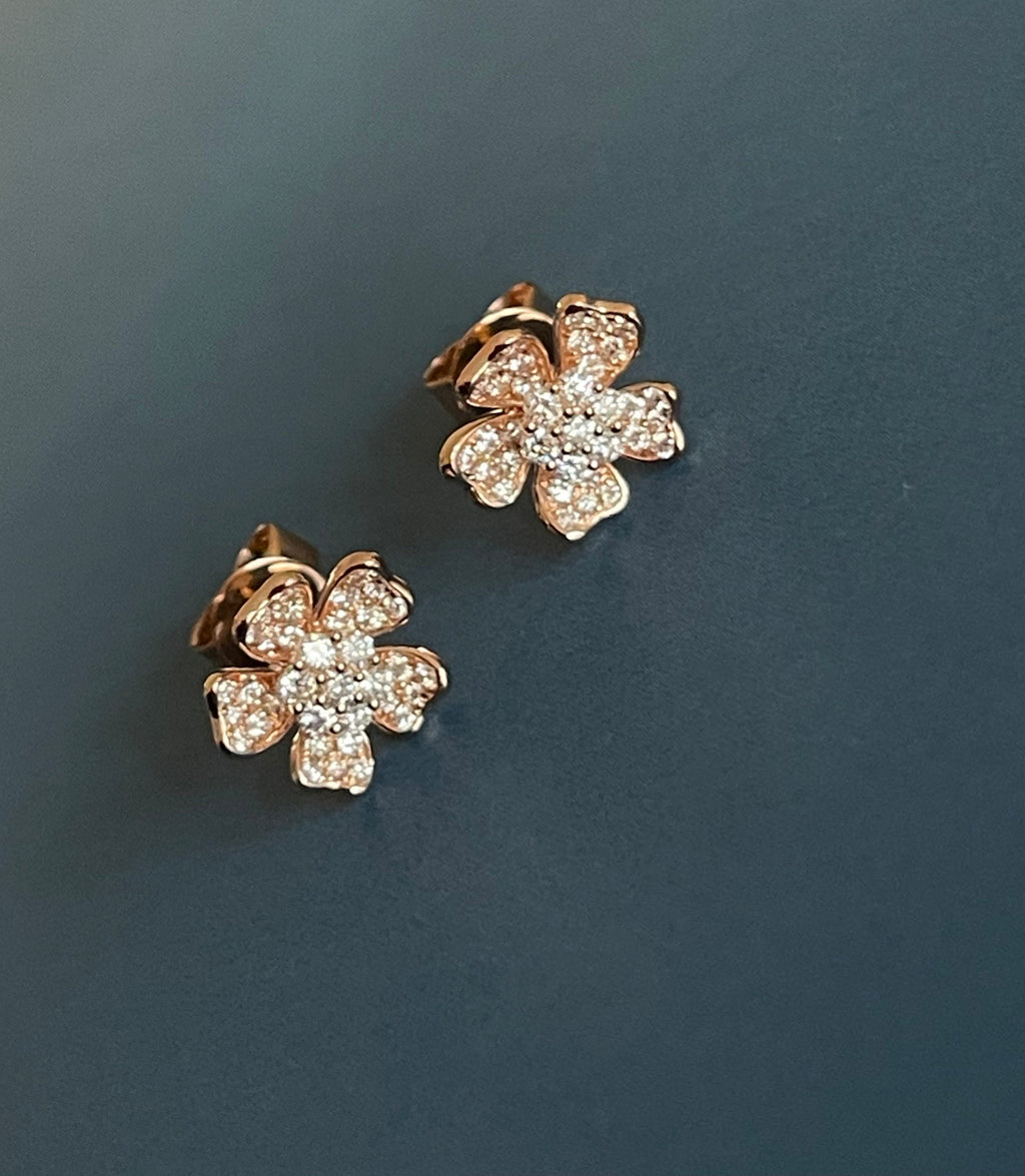 Diamond Earrings Clover Flower Studs in 18ct Rose Gold