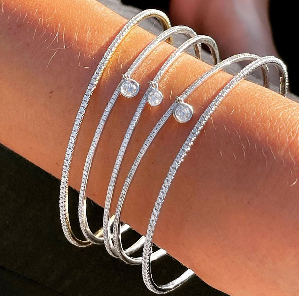 White Gold Eternity Diamond Bangle with solitaire charm