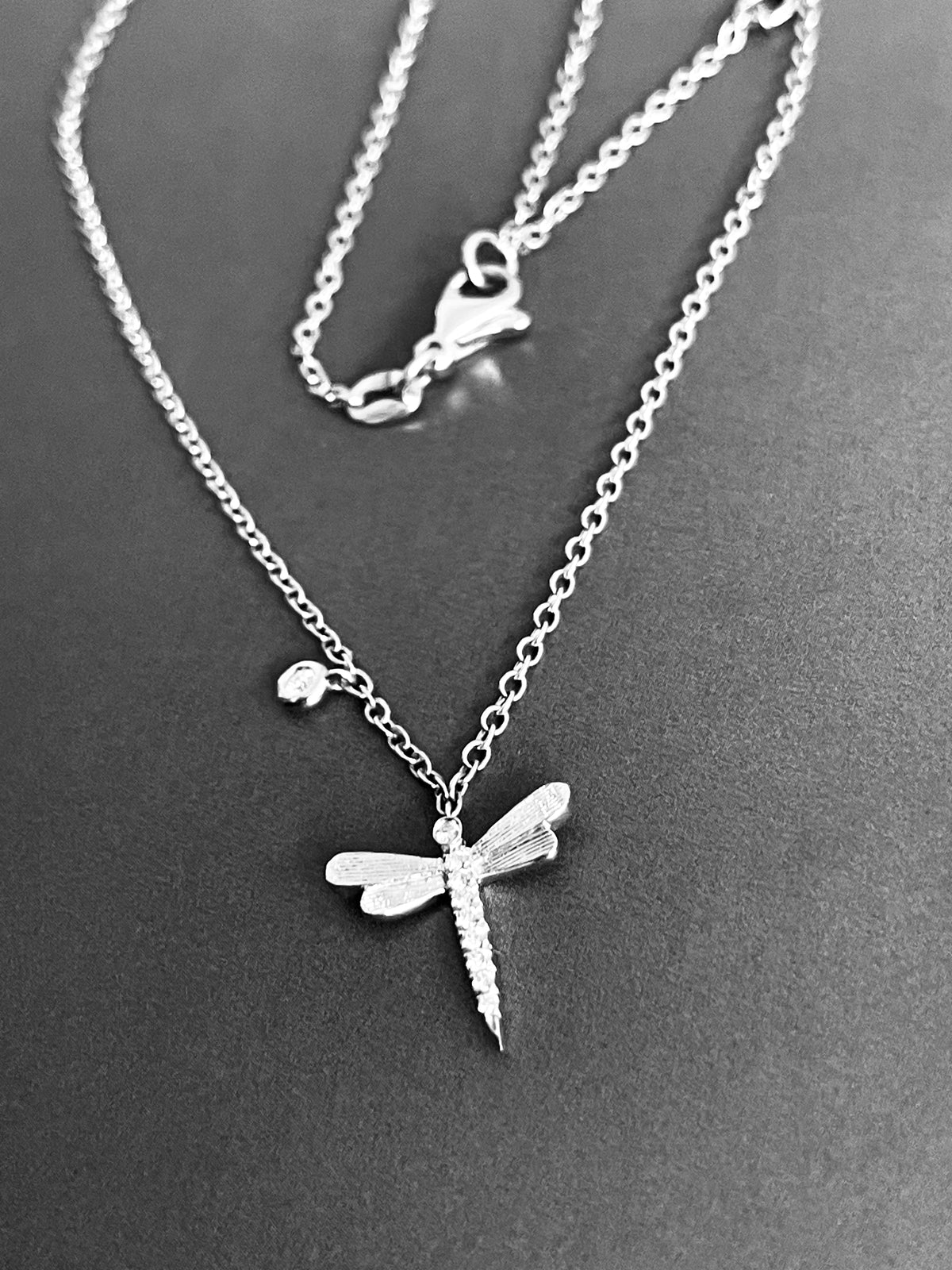 18ct White Gold Diamond Necklace Dragonfly pendant with solitaire charm