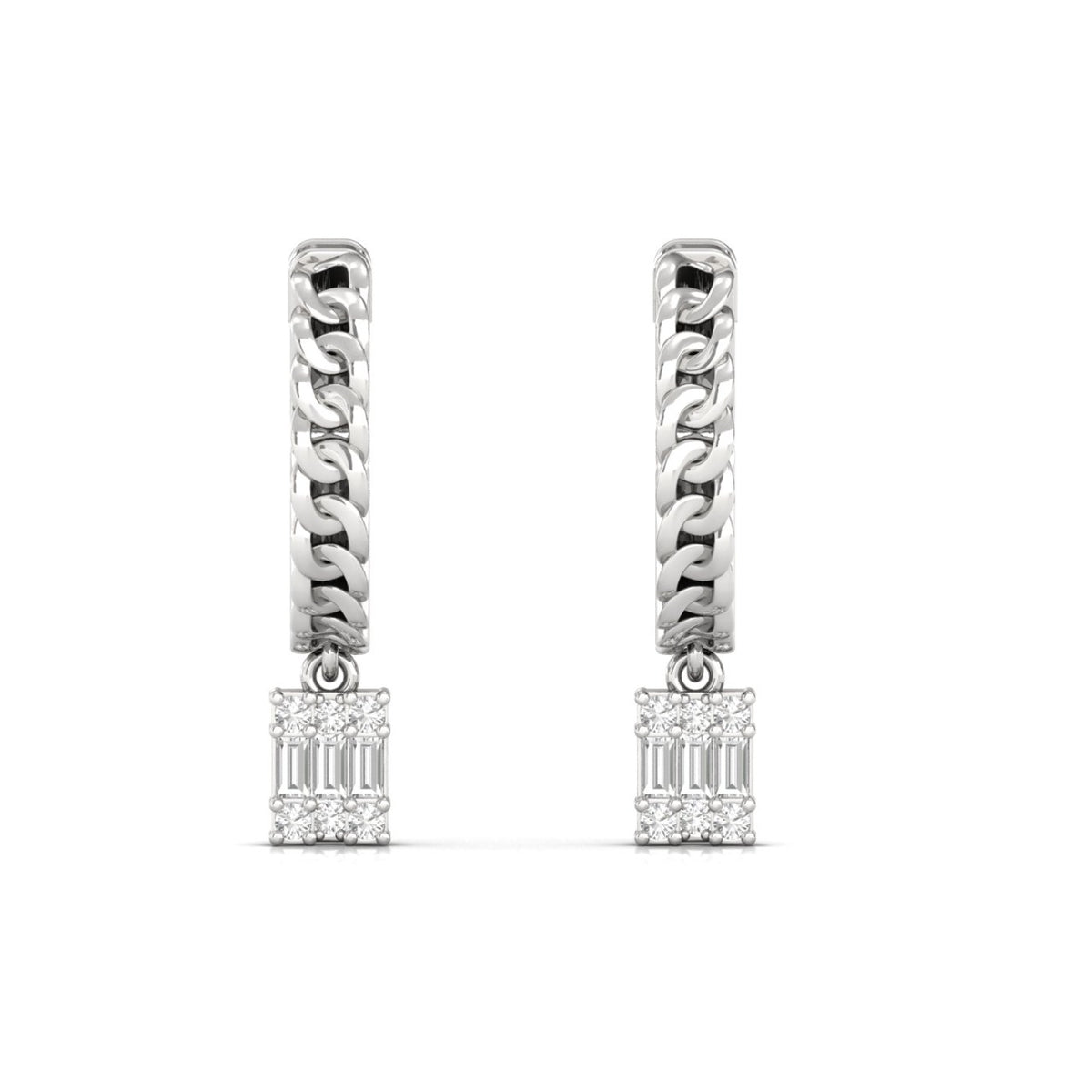 Boucles d'oreilles créoles pendantes en or blanc avec diamants et chaînette