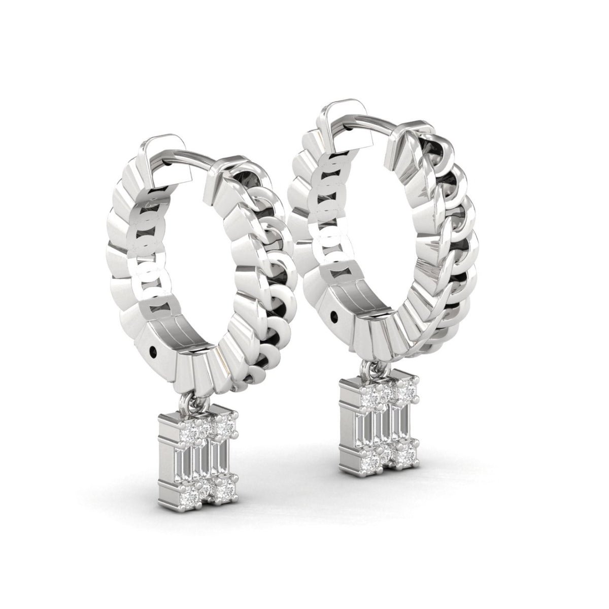 18ct White Gold Chain Diamond Earrings, Drop Hoop Earrings, Sparkling Diamonds