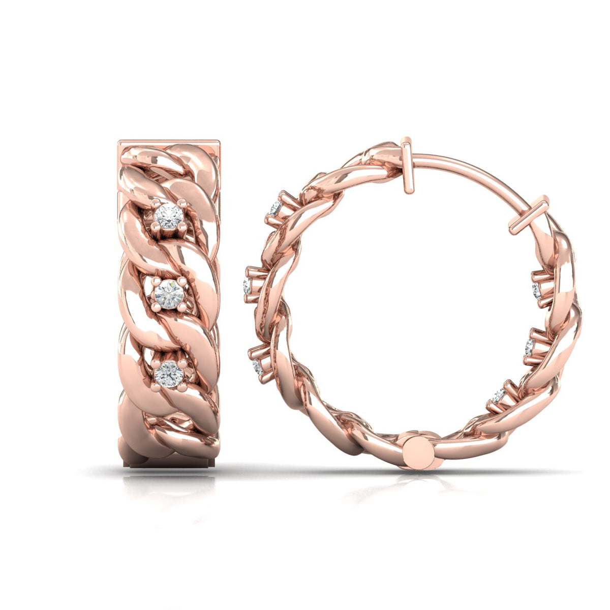 Boucles d'oreilles créoles en or rose serties de diamants, devant et dos