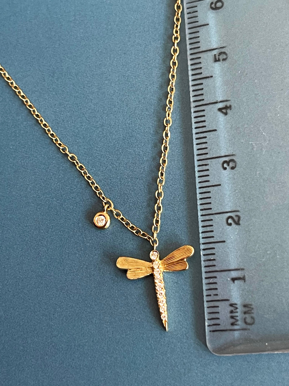 18ct Yellow Gold Diamond Necklace Dragonfly pendant with solitaire charm