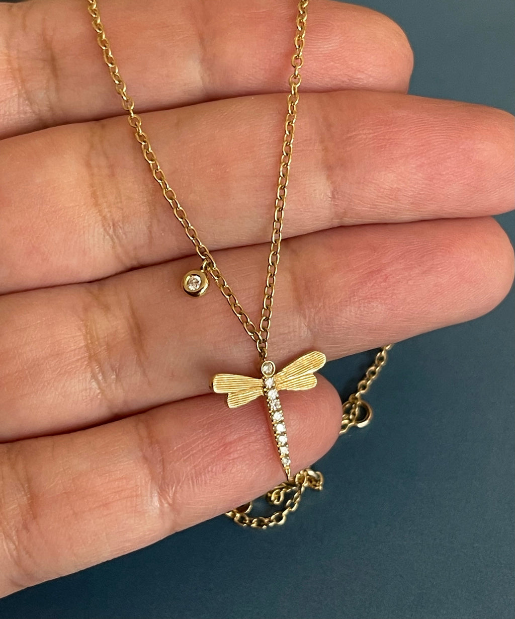 18ct Yellow Gold Diamond Necklace Dragonfly pendant with solitaire charm
