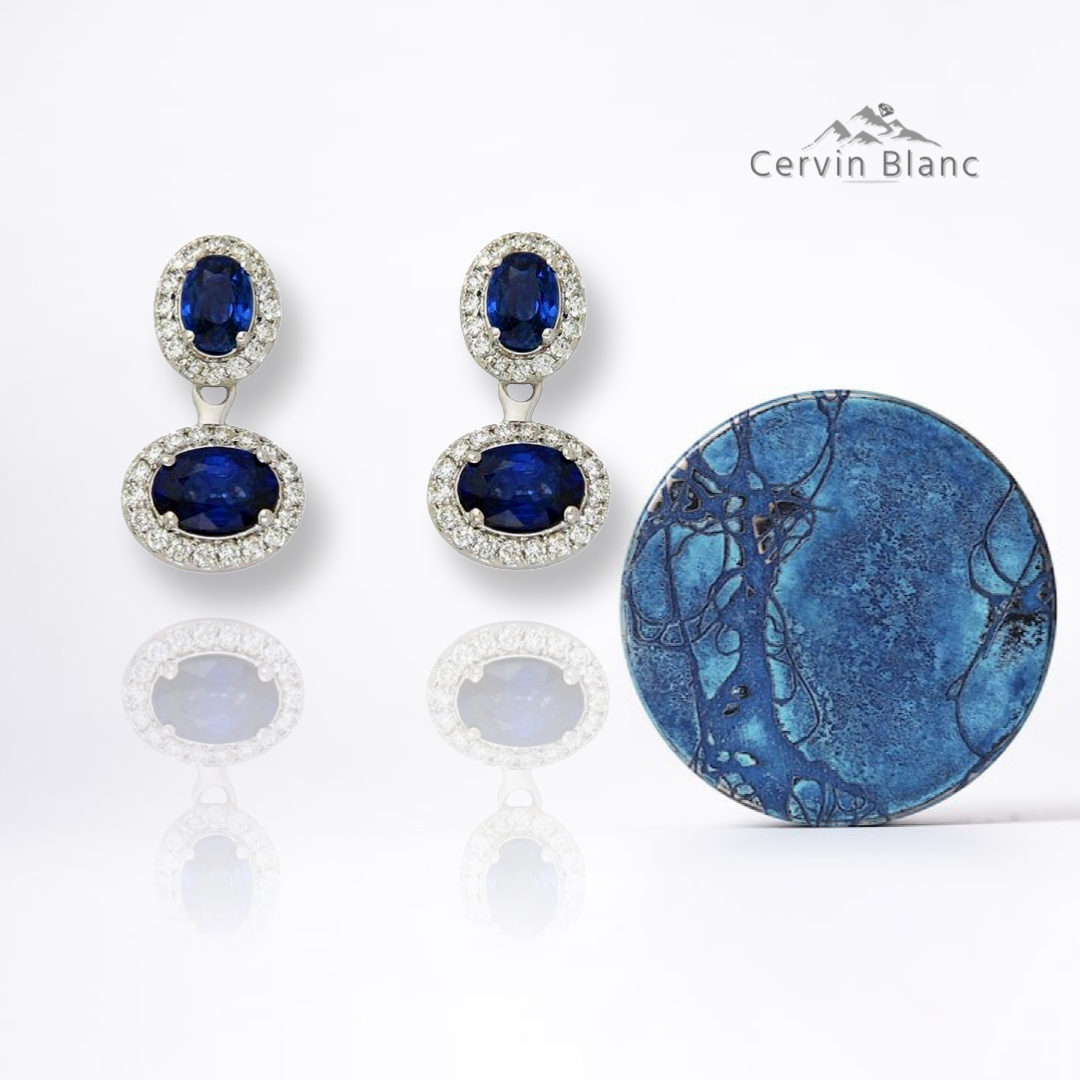 Boucles d'oreilles en or blanc, saphir et diamants, style veste