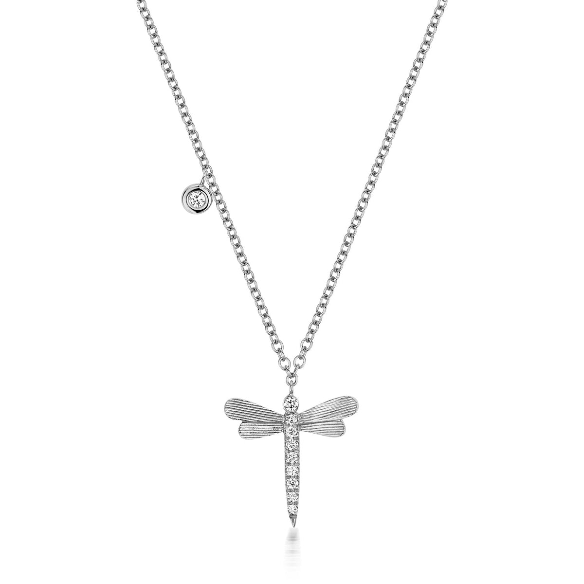 A white gold necklace featuring a diamond-encrusted dragonfly pendant.