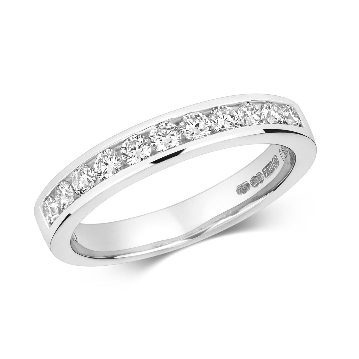 Diamond channel set half eternity ring in 18ct white gold