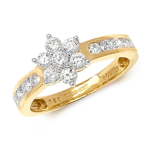 Diamond daisy cluster with grain set shoulders ring in 18ct gold