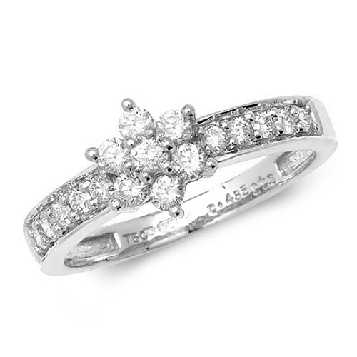 Diamond cluster ring with grain shoulders in white gold