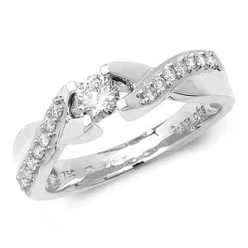 Diamond solitaire ring with twist set shoulders in 18ct white gold