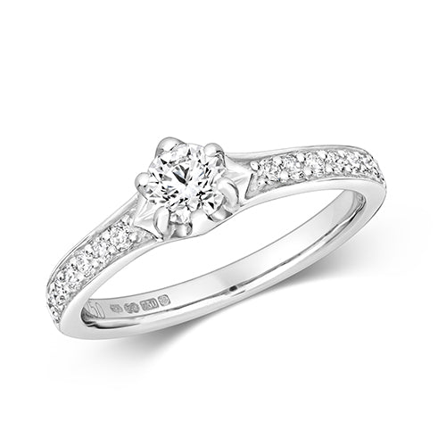 DIAMOND SOLITAIRE 6 CLAW SET WITH GRAIN SET SHOULDERS RING IN 18CT WHITE GOLD
