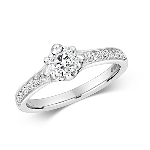 DIAMOND SOLITAIRE 6 CLAW SET WITH GRAIN SET SHOULDERS RING IN 18CT WHITE GOLD