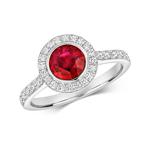 DIAMOND & RUBY ROUND CLUSTER WITH SET SHOULDERS RING IN 18CT WHITE GOLD