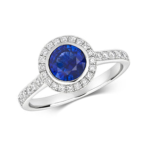 DIAMOND & SAPPHIRE ROUND CLUSTER WITH SET SHOULDERS RING IN 18CT WHITE GOLD