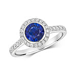 DIAMOND & SAPPHIRE ROUND CLUSTER WITH SET SHOULDERS RING IN 18CT WHITE GOLD