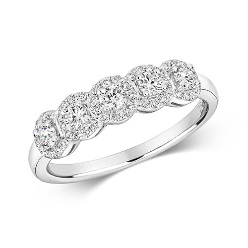 DIAMOND HALO SET 5 STONE RING IN 18CT WHITE GOLD
