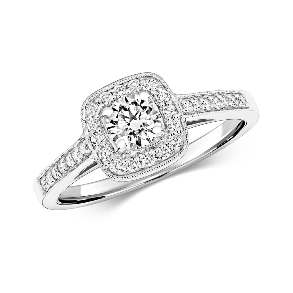 Bague en or blanc 18 carats sertie de diamants taille coussin et d'un halo, avec épaulements sertis grain.