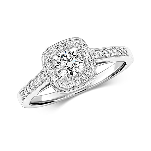 DIAMOND CUSHION HALO WITH GRAIN SET SHOULDERS RING IN 18CT WHITE GOLD