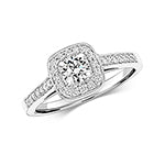 DIAMOND CUSHION HALO WITH GRAIN SET SHOULDERS RING IN 18CT WHITE GOLD