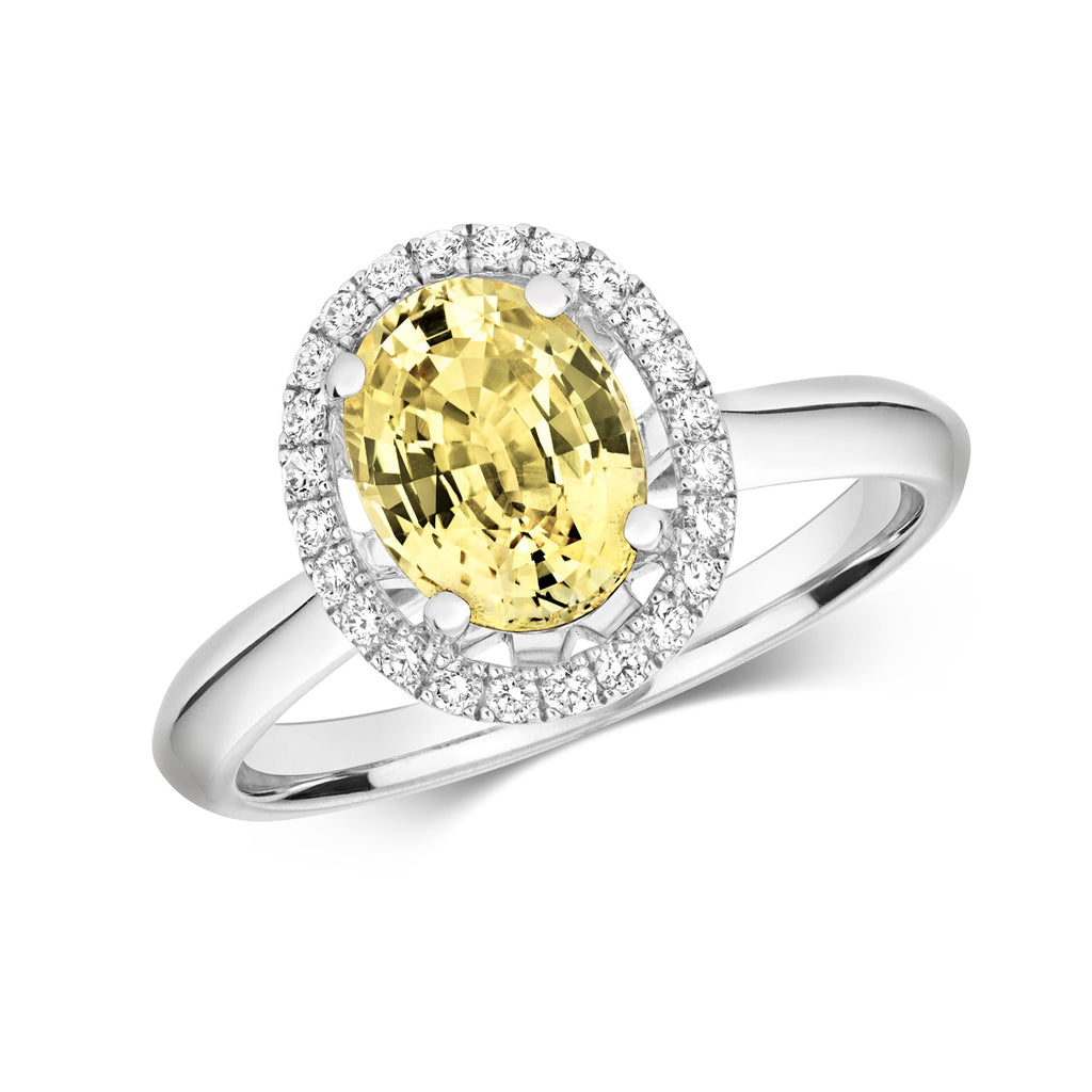 DIAMOND & YELLOW SAPPHIRE OVAL CLUSTER RING IN 18CT WHITE GOLD