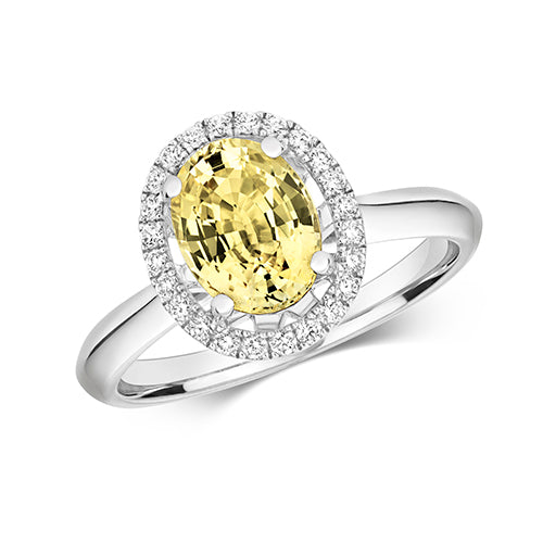 DIAMOND & YELLOW SAPPHIRE OVAL CLUSTER RING IN 18CT WHITE GOLD