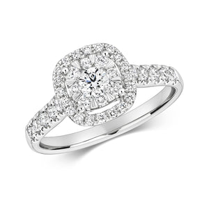 DIAMOND BRILLIANT CUSHION HALO RING IN 18CT WHITE GOLD