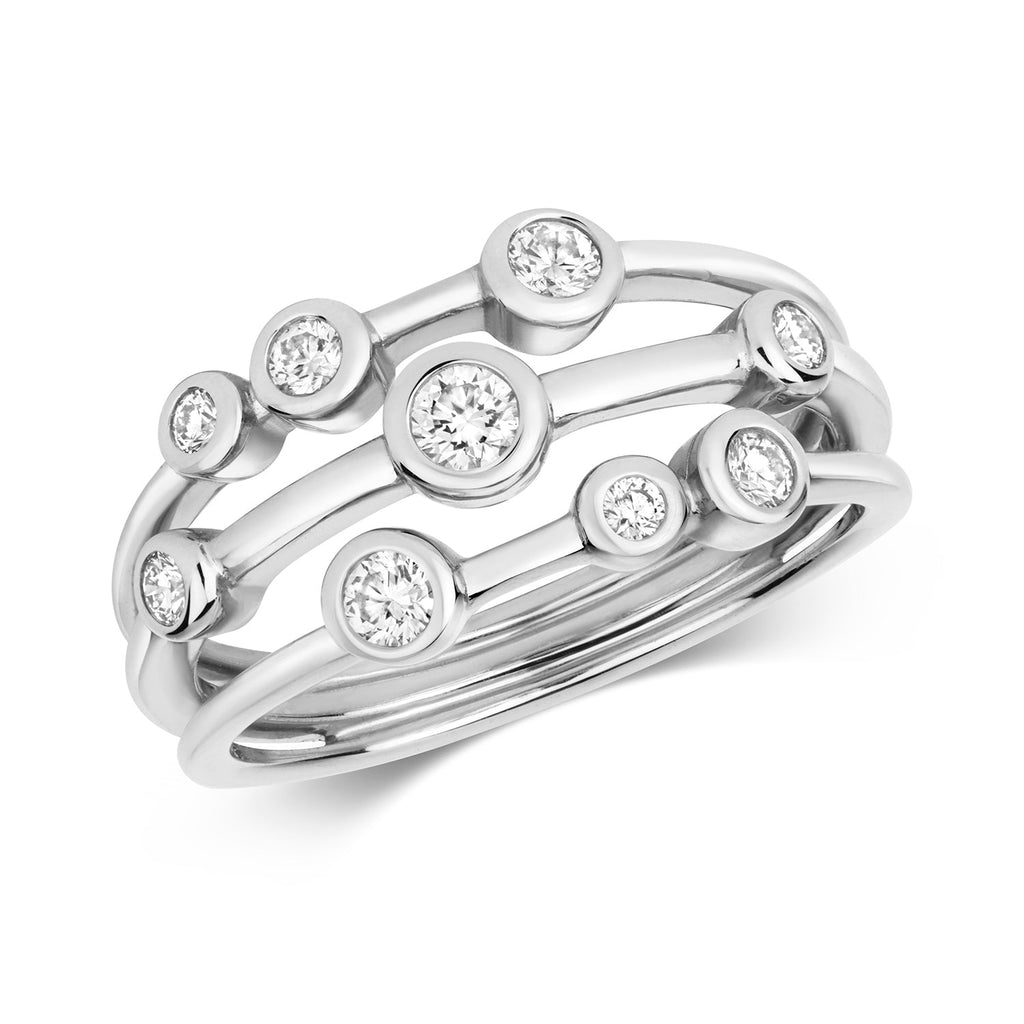 Bague à bulles en diamant, 3 rangs, sertie de rubis, en or blanc 18 carats
