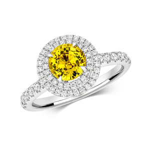 DIAMOND & YELLOW SAPPHIRE ROUND DOUBLE CLUSTER WITH SET SHOULDERS RING IN 18CT WHITE GOLD