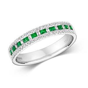 DIAMOND & EMERALD PRINCESS CUT AND BAGUETTE CHANNEL SET ETERNITY RING IN 18CT WHITE GOLD