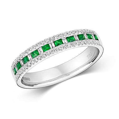  ANELLO ETERNITY CON DIAMANTI E SMERALDI TAGLIO PRINCIPESSA E INCASTONATURA A CANALE BAGUETTE IN ORO BIANCO 18KT