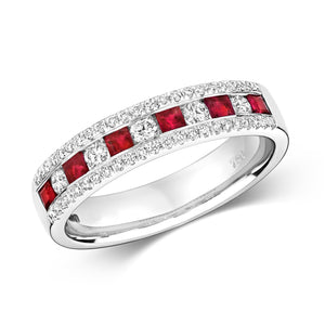 DIAMOND & RUBY ROUND AND PRINCESS CUT CHANNEL SET ETERNITY RING IN 18CT WHITE GOLD