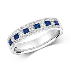 DIAMOND & SAPPHIRE ROUND AND PRINCESS CUT CHANNEL SET ETERNITY RING IN 18CT WHITE GOLD