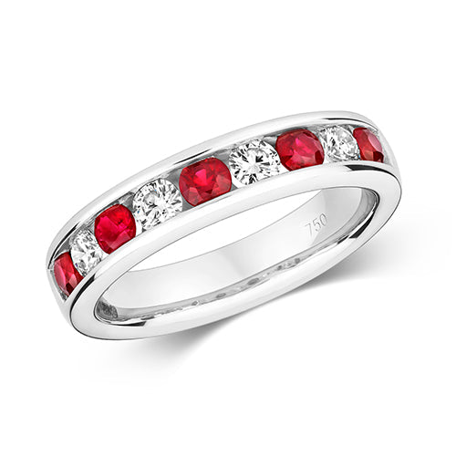 Ewigkeitsring mit Diamant- und Rubinfassung im Kanalfassung-Design aus 18-karätigem Weißgold