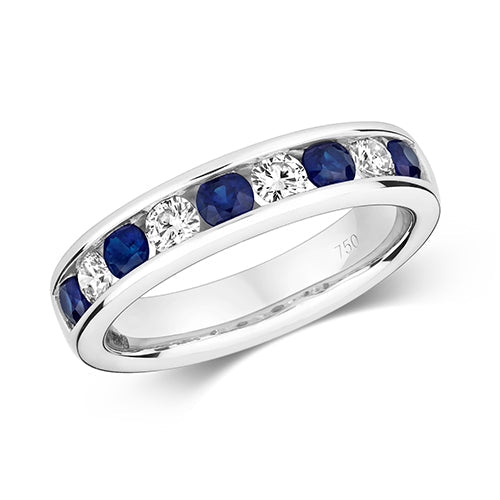  ANELLO ETERNITY CON DIAMANTI E ZAFFIRI INCASTONATI A CANALE IN ORO BIANCO 18KT