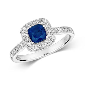 DIAMOND & SAPPHIRE CUSHION CLUSTER WITH SET SHOULDERS RING IN 18CT WHITE GOLD