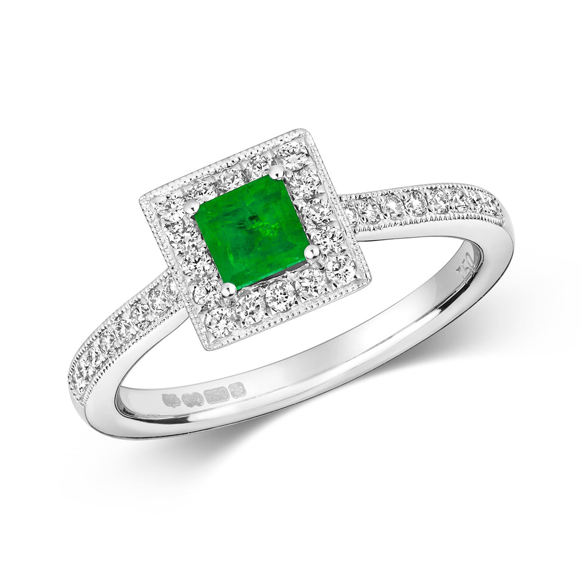  ANELLO CON SPALLE INCASTONATE E DIAMANTI A GRAPPOLO QUADRATO IN ORO BIANCO 18KT